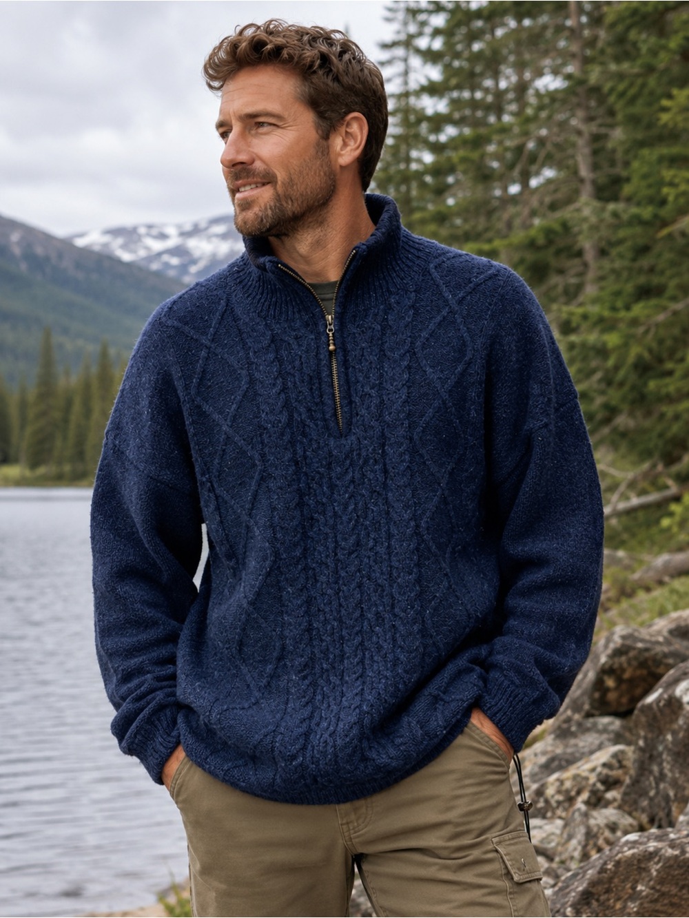 Aran Woollen Sz Lg Men's Merino Wool Quarter Zip Fisherman Sweater